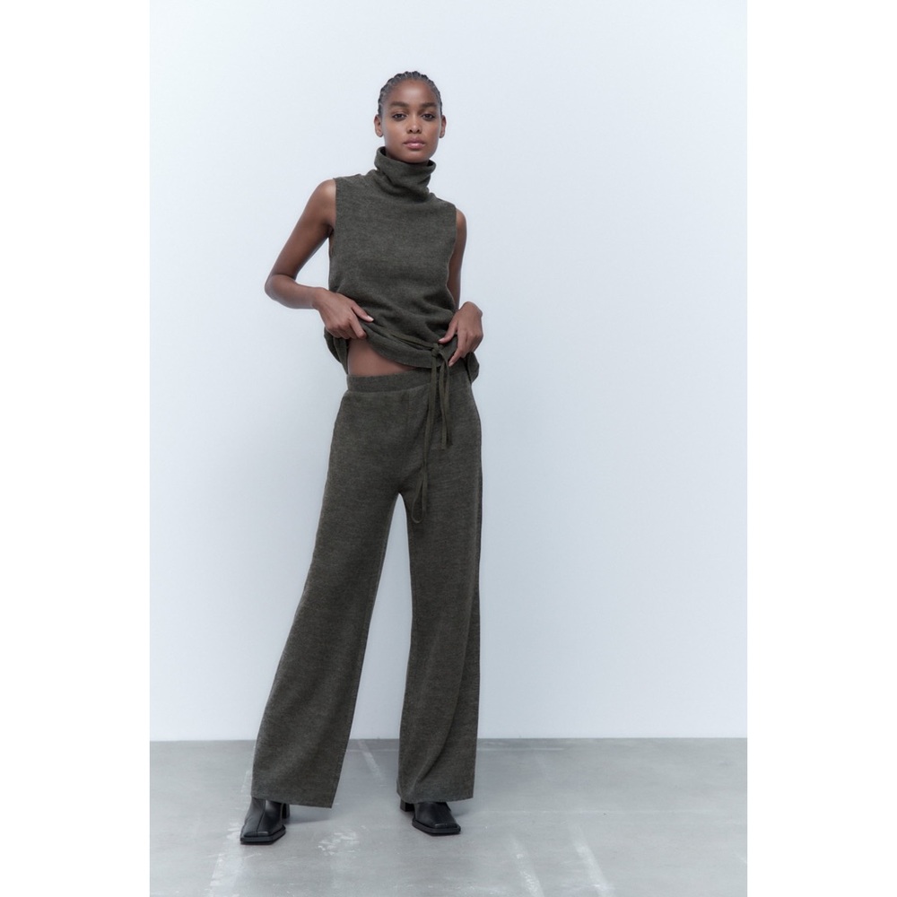ZARA Basic High-Rise Wide Leg Cropped Soft Cozy Pants (Dark Green, S)